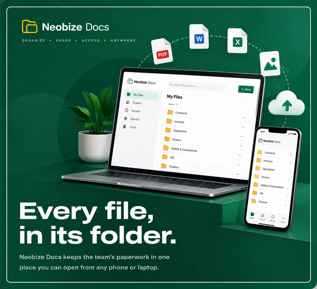 Neobize Docs. Every file, in its folder. Neobize Docs keeps the team's paperwork in one place you can open from any phone or laptop.